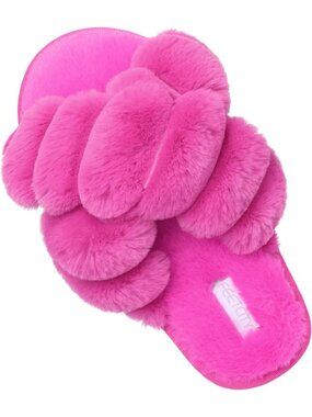 Women's Rose Pink Fuzzy Fluffy House Criss Cross Furry Open Toe Slipper Shoes